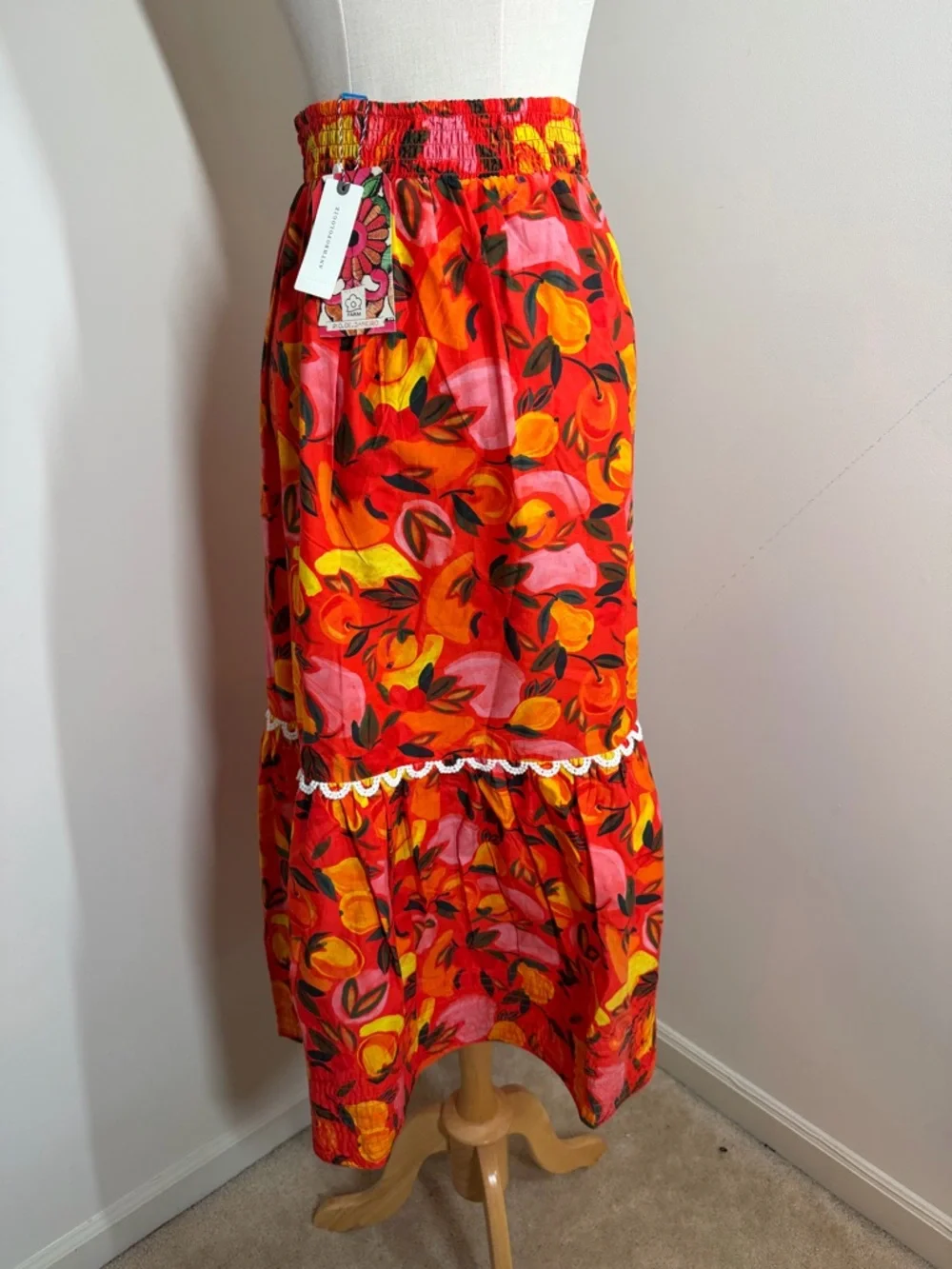 NEW Farm Rio Anthropologie Fruit Print -SZ L- Tiered-Flare Midi Skirt Orange Red